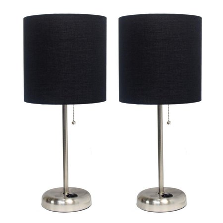 LIMELIGHTS Brushed Steel Stick Table Lamp with Charging Outlet & Fabric Shade, Black - Set of 2 LI15402